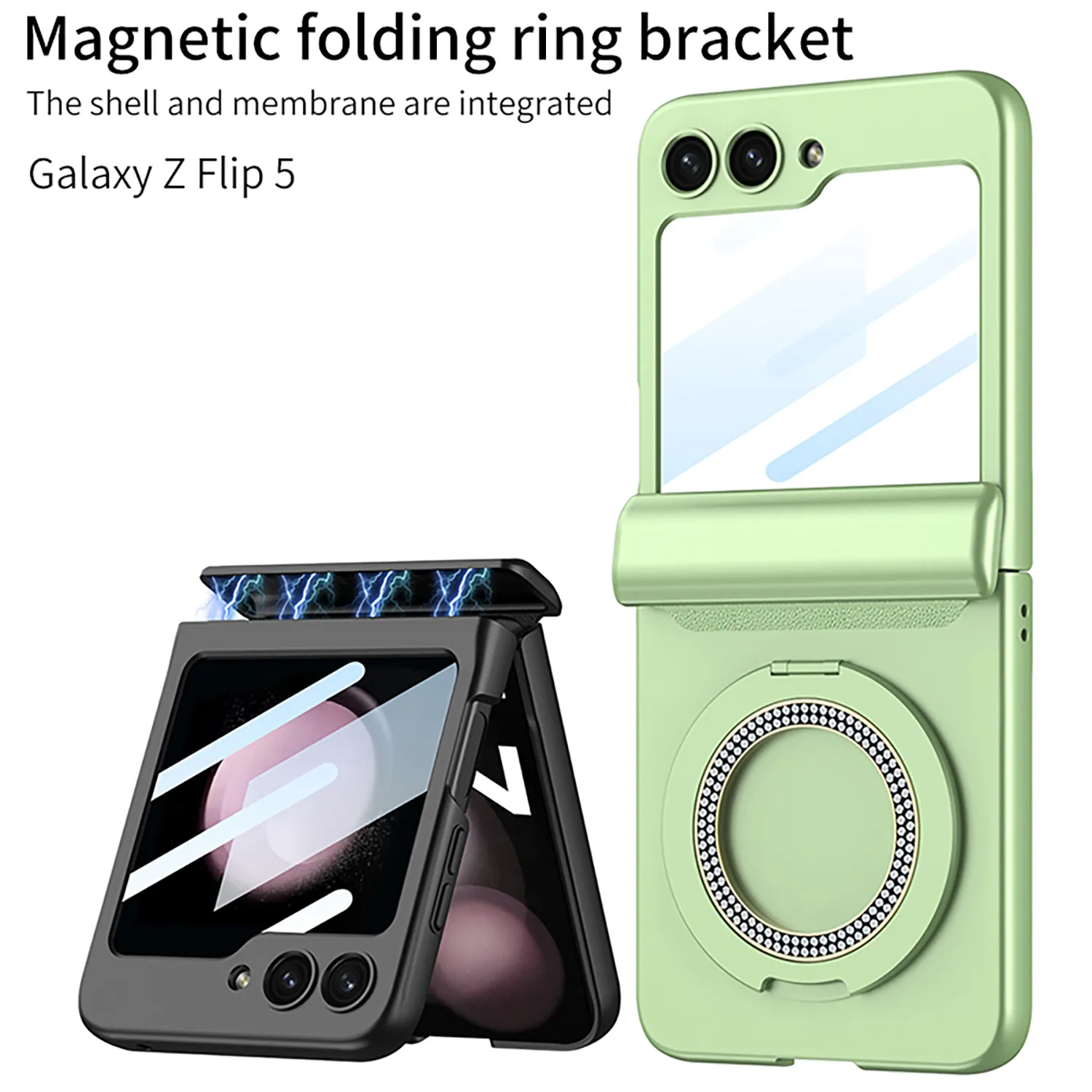 Magnetic Hinge For Samsung Galaxy Z Flip 5 4 3 Flip4 Flip3 Case Diamond Ring Stand Film Protection Cover