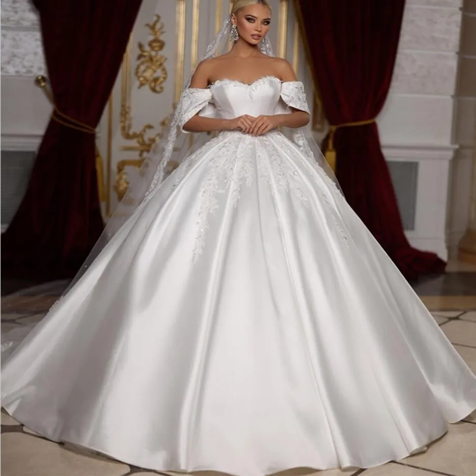 Mini-Length Wedding Dress with Lowered Straps Short Princess White Satin Modern Vestido De Novia Sleeves Bridal Gowns Mermaid Court Train main image 0