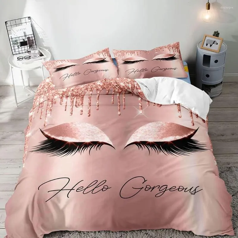 Ensembles de literie Hello Magnifique housse de couette de luxe Rose Gold Glitter Bling Cils Maquillage Glam Girly Couette Rose Chambre