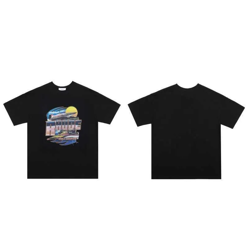 デザイナーファッション衣類 Tシャツ Tシャツサンセットヨットハイストリートルーズオーバーサイズカップル着用メンズレディーストレンドブランド Rhude Tシャツトップスコットンストリート