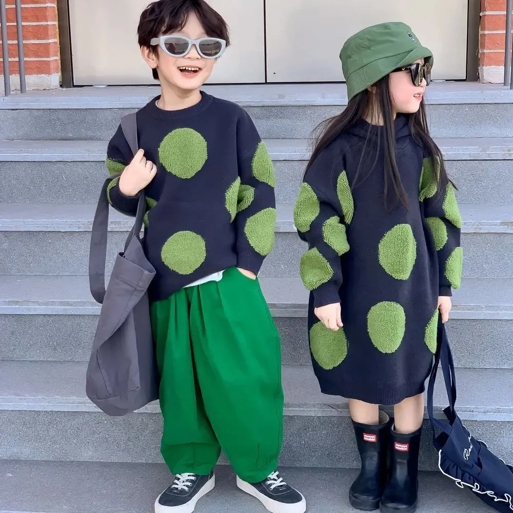 Family Matching Outfits Brother Sister Sibling look autumn boy girl polka dot sweater children christmas hooded knitted dress family matching outfits 231120