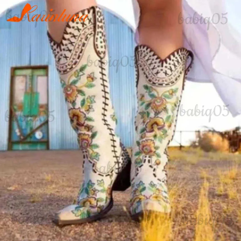 Boots Karinluna High Quality Shoes Woman Big Size 34-43 Embroider Vintage Westren Boots Square Toe Mid-calf Chunky Heels Autumn T231121