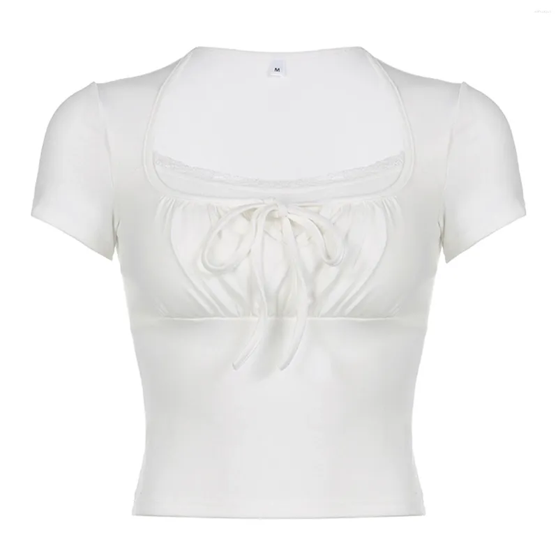 Kvinnors T-skjortor Summer Slim Crop Tops White Short Sleeve Square Neck Lace Trim Skinny T-shirt