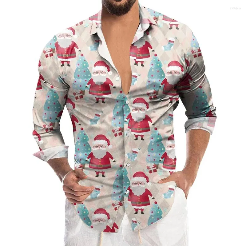 Camisas informales para hombre, blusas y estampados navideños para vacaciones, Tops, camisa de vestir Formal de manga larga con un solo pecho, ropa para hombre
