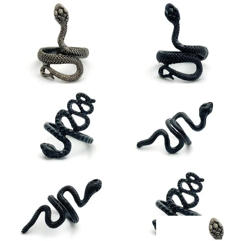 Band Rings Wholesale 30Pcs Black Snake Mix Women Men Coll Retro Vintage Charm Punk Gothic Hip Hop Gift Jewelry Drop Delivery Dhgarden Dhdmc