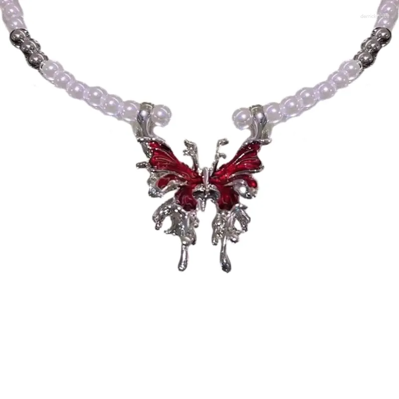 Naszyjniki wisiorek moda czerwony naszyjnik biżuteria Choker Clavicle łańcuch elegancki perłowe oświadczenie z koralikami x3UD