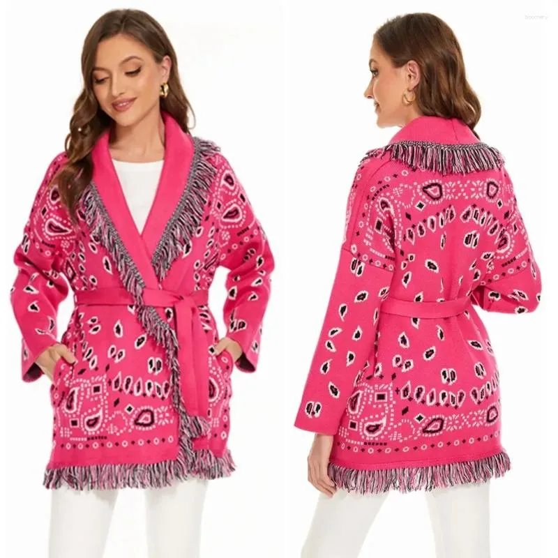 Женские трикотажные изделия бохо, вдохновленные кашемирными кардиганами, женщина Осень Зимний розовый свитер с кисточником отвороты с длинным рукавом с длинным рукавом