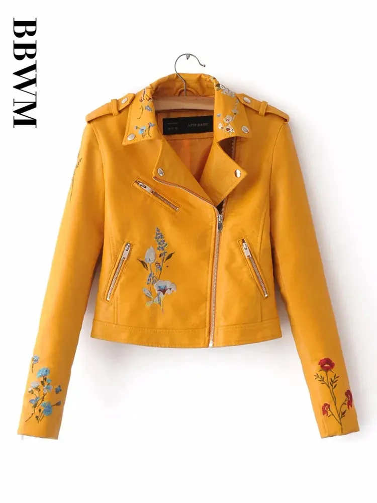 Women s Jackets Embroidery female autumn Korean version of the lapel locomotive PU leather short sleeved jacket Yellow pink Coat 231120