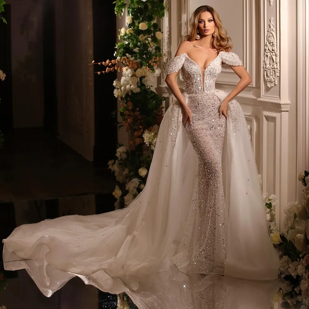 Gorgeous Mermaid Wedding Dresses V-neck Off the Shoulder Whole Body Sequins Backless Zipper Tulle Chapel Gown Custom Made Plus Size Bridal Gown Vestidos De Novia