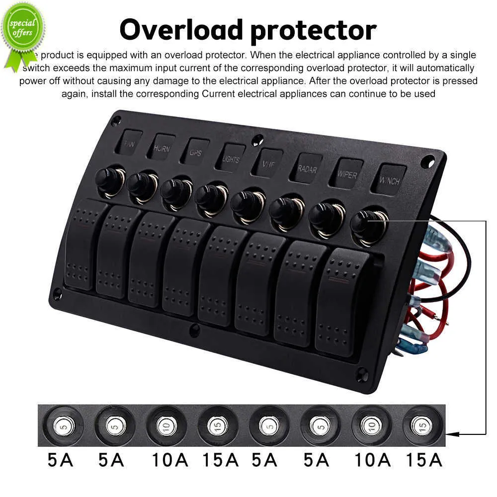 8 Painel de interruptor de gangues para carros de iate marinho de carro marinho acessórios de iate painel de alternância de luz única com disjuntores de disjuntores