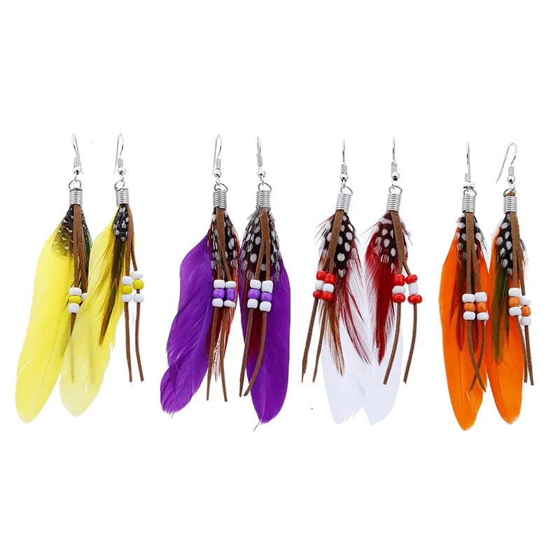 Bohemian Tassel Charm Earrings Rice Beads Feather Earrings Women`s Fashion Accessories