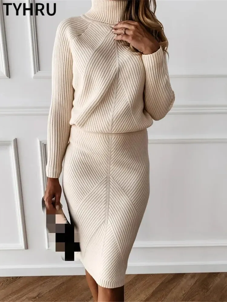 Two Piece Dress TYHUR Autumn Women's Knitting Costume Turtleneck Solid Color Pullover Sweater Slim Skirt Two-Piece Set 231120