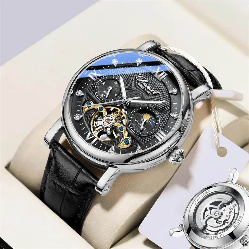 Orologi da polso Orologio meccanico automatico alla moda, Sun Moon Phase Tourbillon, cinturino in pelle impermeabile, cassa in lega, Relogio Homem da uomo