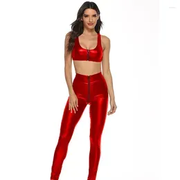 Women`s Two Piece Pants 2023 Summer Women Fashion Sexy 2 Two-piece Set Sleeveless Tight Short Top & Faux Leather Sports Suit Pieces