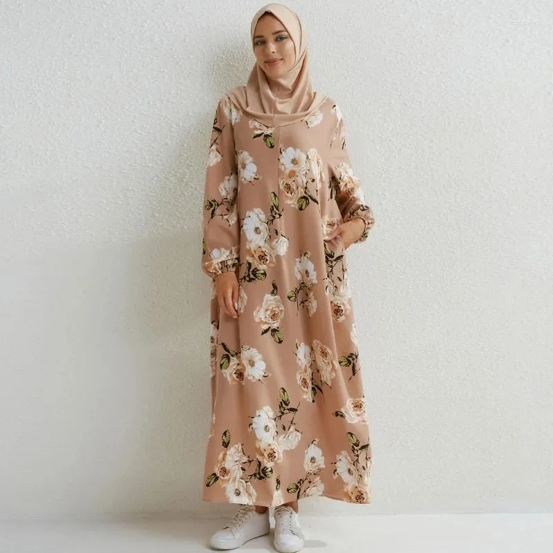 Ethnische Kleidung Frühling Sommer Muslimische Kleider Mode Volle Hülse Gedruckt Blumen Lässig Lange Lose Chiffon Kleid Frauen Maxi Vestidoes