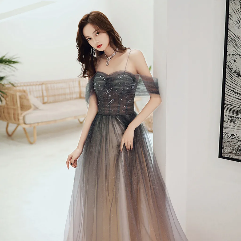 Dégradé gris robes de Cocktail Spaghetti sangle paillettes hors épaule une ligne Tulle perles longue élégante robe de bal formelle des femmes