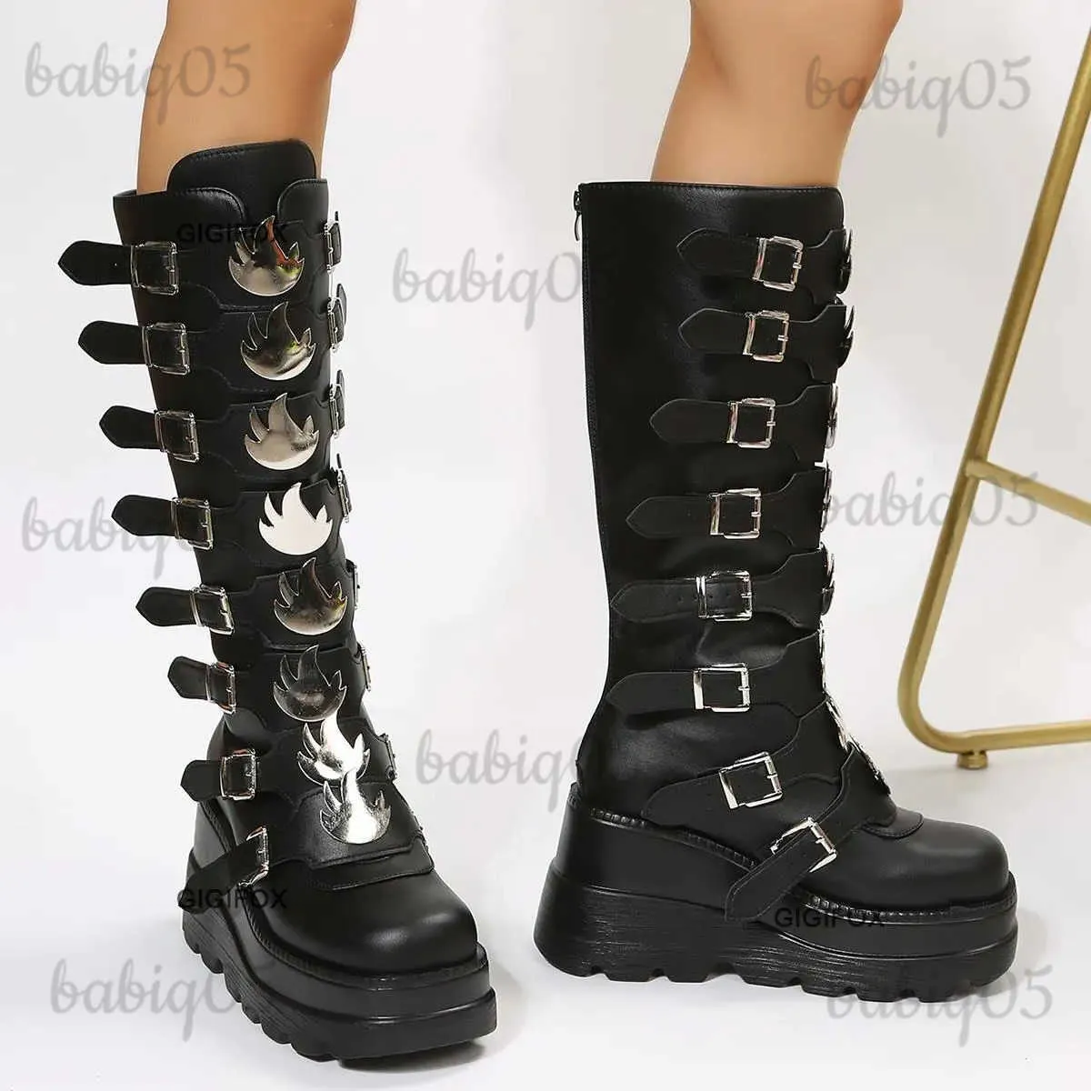 Boots Gigifox Women Goth Platform Heeled Knee High Boots Motorcykelkilar Hälta Flame Buckle Brand Designer Cosplay Shoes Woman T231121