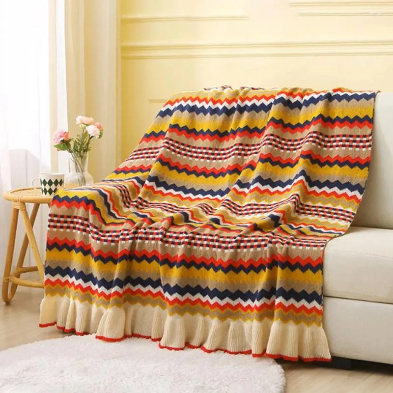 담요는 사무용 에어컨 낮잠 또는 엘 침대 끝을위한 따뜻하고 아늑한 줄무늬 담요 빈티지 스타일 니트 던지기