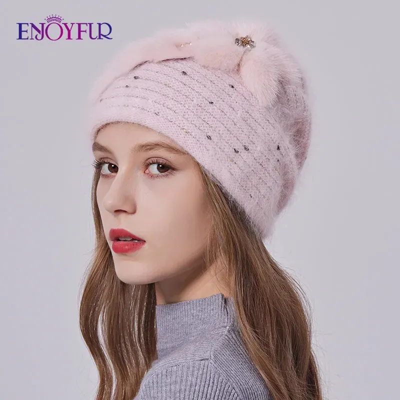BeanieSkull Caps ENJOYFUR Women Winter Fluffy Angora Hat With Real Mink Fur Flower Female Fashion Luxury Warm Knitted Wool Casual 231120