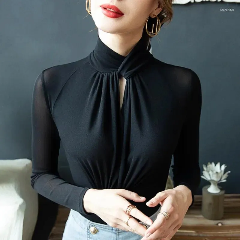 Women's Blouses Black Mesh Top Long Sleeve Slim Fit Chiffon Shirt Neckline Pleated Decoration