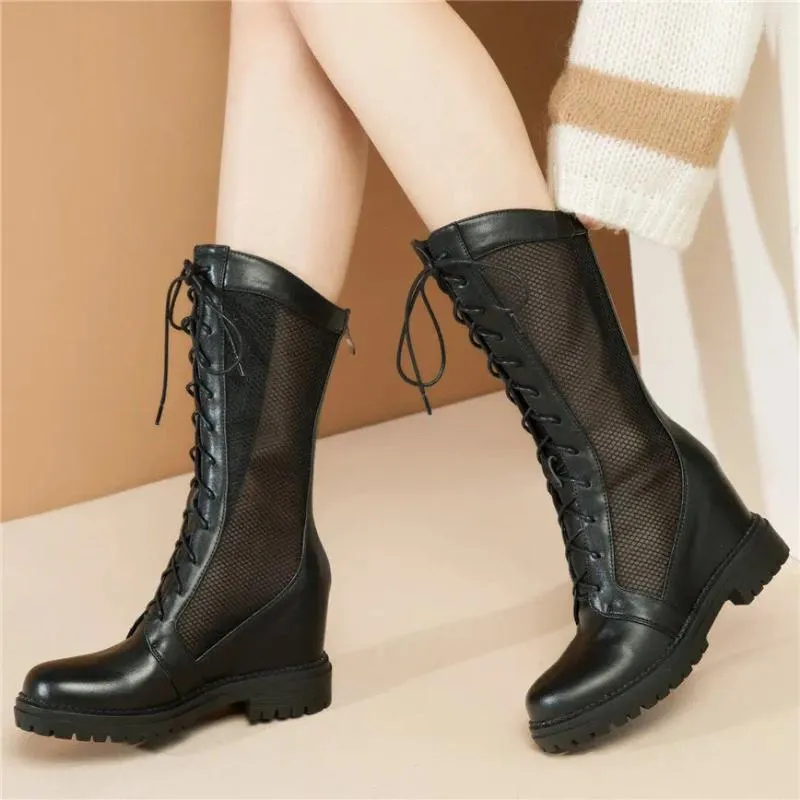 Sandals High Top Fashion Sneakers Women Genuine Leather Heel Roman Gladiator Female Summer Lace Up Mid Calf Riding Boots