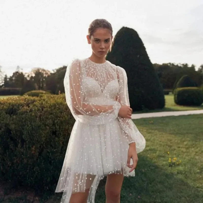 chinese dress ladies Mini Wedding Dress with Long Sleeves, Bertha Dress White / 26 main image 1