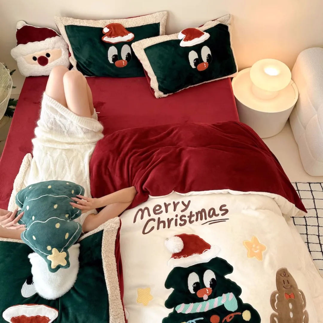 Set di trapunte Christmas Limited Copupetti Designer Set di biancheria da letto Sheets Foglioni Moose Cartone animato Rò addensato Milk Fleece Caldo Letto a 4 pezzi Set