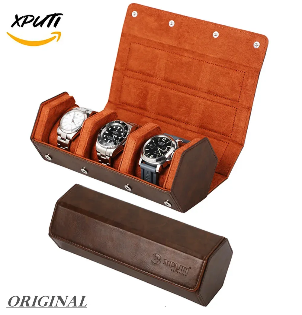 Obserwuj skrzynki obudowy obserwuj obudowę dla mężczyzn 3 -SLOT Watch Roll Travel Case Organizer Organizator Wyświetlacz ręcznie robione akcesorium przenośna biżuteria okrągłe pudełko Prezent 231120