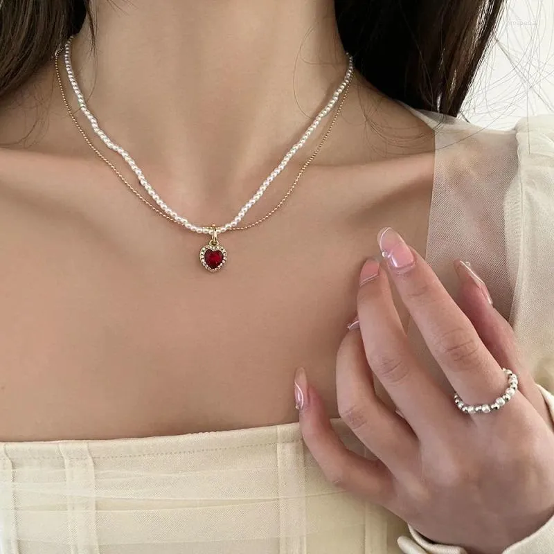 Chains Fashion Unique Double Layer Red Love Heart Neckaces Women Exquisite Light Luxury Zircon Necklace Jewelry Party Gifts