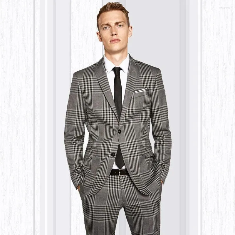 Abiti da uomo splendido plaid grigio abito da uomo formale festa d'affari giacca da sposa sposo smoking 2 pezzi giacca gilet pantaloni costume homme cravatta