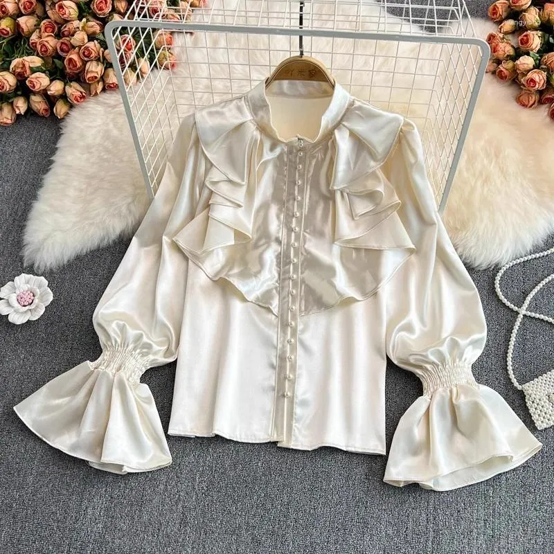 Kvinnors blusar French Style Loose Lady Tops Vintage Flare Lång ärm Acetat Satin Shirt Temperament Standing Collar Ruffle White Blue