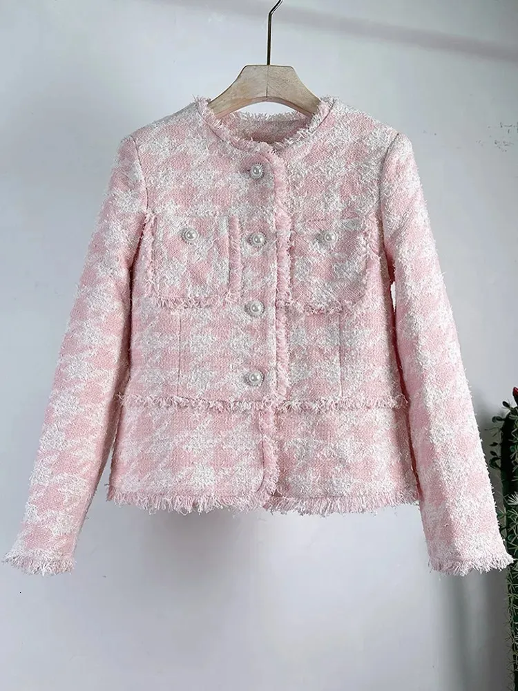 Womens Jackets Haute qualité Vintage élégant rose laine Cardigan Tweed veste pour femmes de luxe pied-de-poule poche Design manteaux femme Casacos 231120