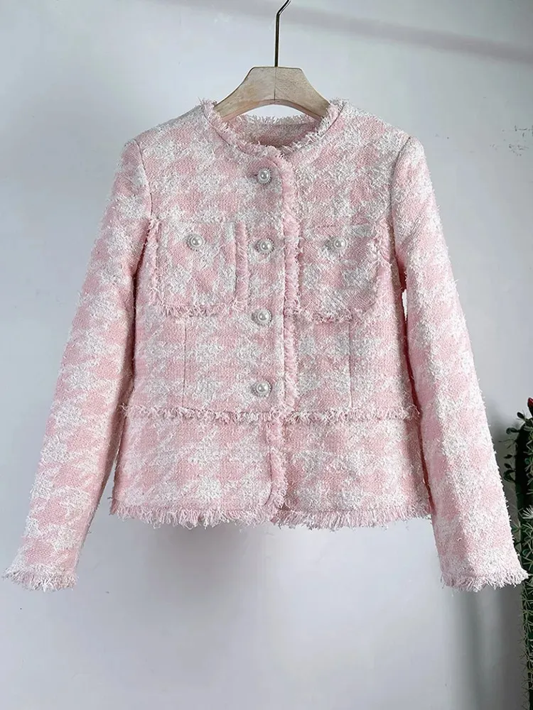 Mulheres jaquetas de alta qualidade vintage elegante rosa lã cardigan tweed jaqueta para mulheres luxo houndstooth bolso design casacos femininos casacos 231120