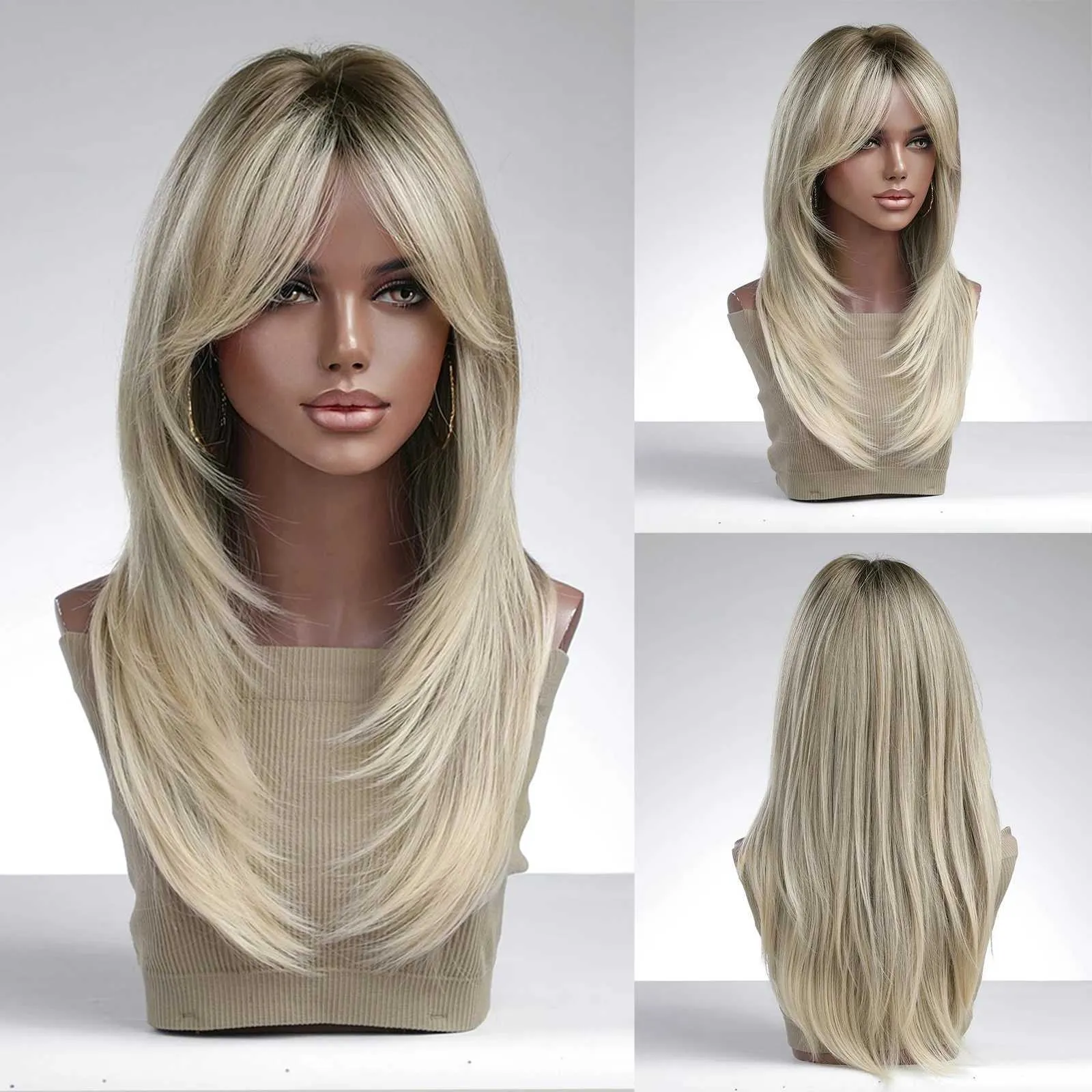 Perruques de cheveux La Sylphide Blonde perruque avec frange longue ligne droite bonne qualité synthétique pour les femmes quotidien naturel résistant à la chaleur 231121