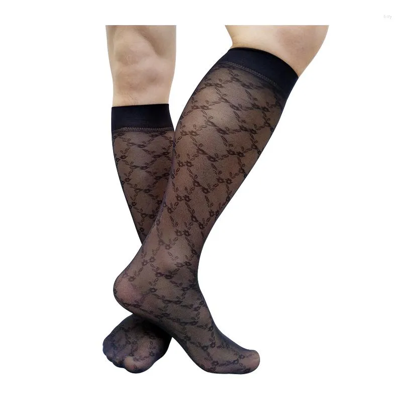 Men's Socks Knee High Black Mens Formal Dress Suit Sexy Lingerie Stocking See Through Floral Plaid Business Long Tube