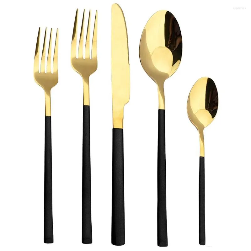 Set di stoviglie 5 pezzi Set di stoviglie in acciaio inossidabile Coltello Forchetta Cucchiaio Cena Posate in oro nero Servizio da cucina per 1