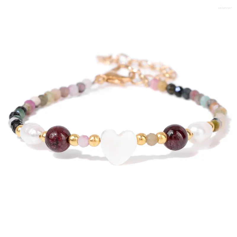 Bracelet de perles de Tourmaline à facettes pour femmes, en forme de cœur, en nacre blanche, breloque en grenat, chaîne réglable