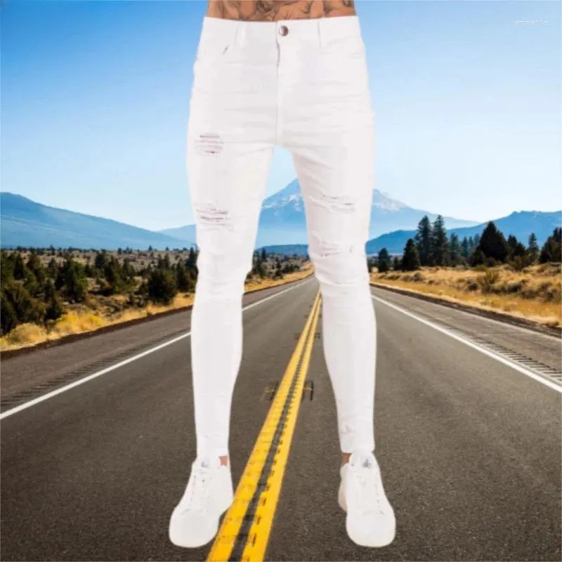 Jeans pour hommes Wihte Hommes Taille élastique Skinny 2023 Stretch Ripped Denim Pantalon Streetwear Summer Mens Haute Qualité Joggers Pantalon