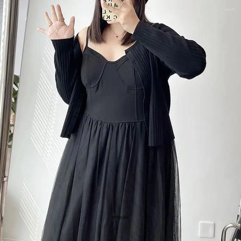 Casual Dresses Large Size 6XL 150KG Spaghetti Strap Women Black Mesh Dress Sleeveless A Line High Waist Loose Big