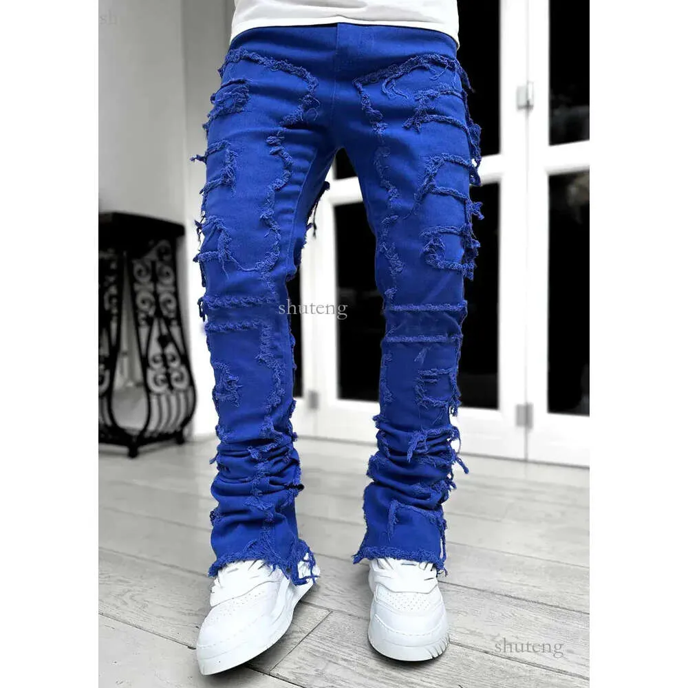 Stack Jeans Men's Purple Jeans Regular Fit Stacked Patch Distressed Destroyed Straight Denim Pants Streetwear Clothes Stretch Patch Denim 801