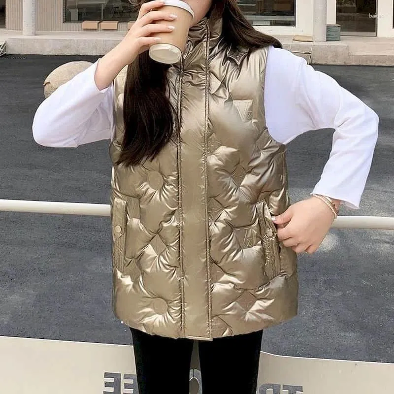 Gilets pour femmes gilets pour femmes col montant décontracté coton ajouté cardigans style coréen lâche épais brillant veste matelassée hauts