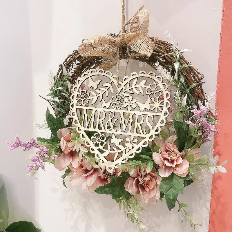 Decorative Flowers Mr Mrs Letter Wrought Wreath Wall Hanging Simulation Flower Home Decoration Wedding Scene Aerial Pendant Garland