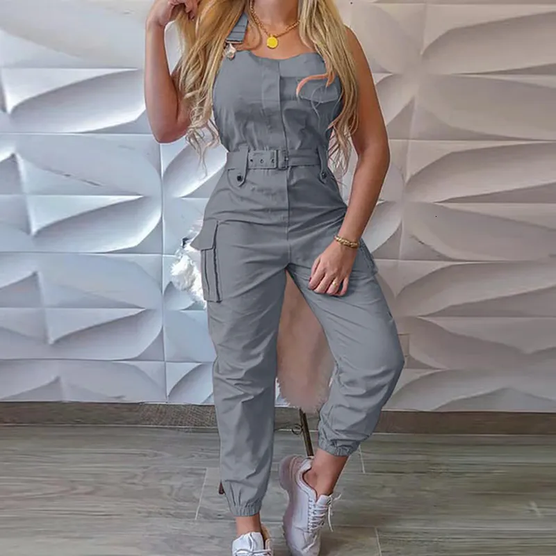 Loose Fit Dungaree Jumpsuit With Strap, Solid Pockets, And Cargo
