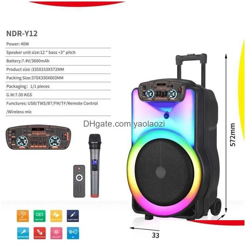 Portable Speakers 12 Inch Big Wireless Bluetooth Speaker Outdoor Column Sing Dance Party Home Theater Sound System With Micphone Dro Dhawb