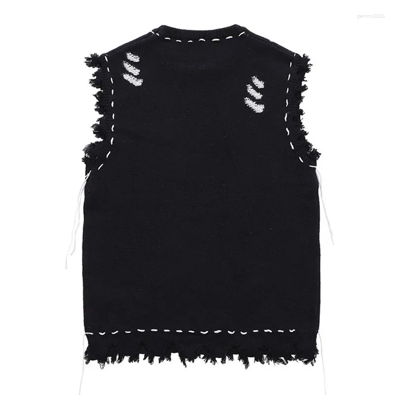 Gilets pour hommes Gilet en tricot vieilli pour hommes Gilet streetwear vintage Haruku troué à franges sans manches surdimensionné décontracté_voghion.com
