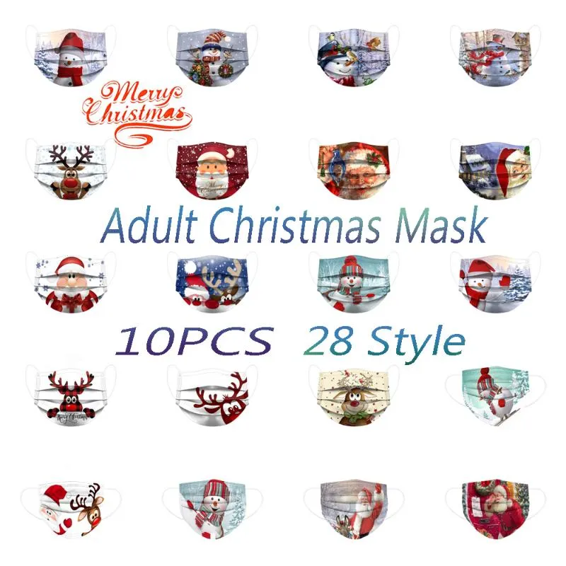 Party Favor 10pc Dorosły świąteczne nadrukowane maska ​​do dyspozycji oddychająca respirator Zapobiegaj skórze przyjaznym do topnienia czapki z tkaniny 28 stylów