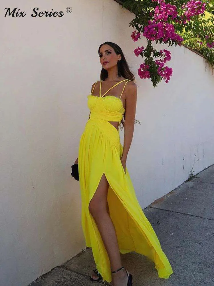 Yellow Cut Out Split Sling Maxi Dress Women Sexy Backless Sleeveless Pleated Gown Dresses Summer Evening Party Long Robes