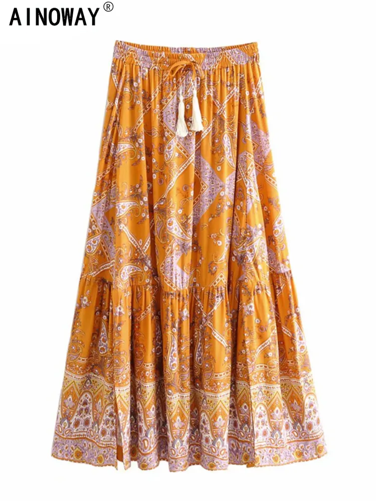 Etekler vintage şık hippi kadınlar turuncu çiçek baskısı plaj bohem etek yüksek elastik bel pilili boho rayon maxi etekler femme 230422