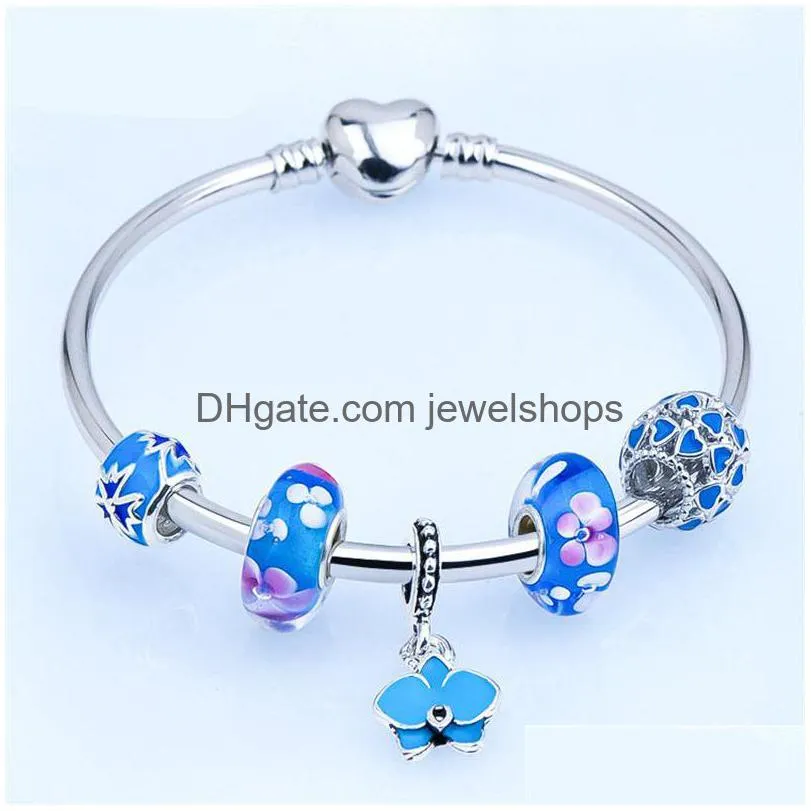 Braccialetti con ciondoli Braccialetti con perline floreali Bracciali Pan Dora Design Blu Rosa Sier Vetro placcato Ciondoli moda Bracciale con gioielli Fo Dhfrd