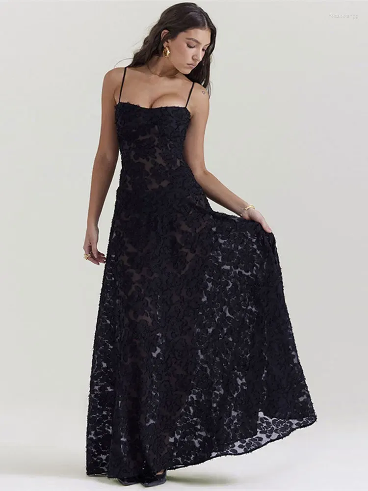 Casual Dresses Women Sexy Lace See Through Sling Maxi Dress Elegant Sleeveless Bodycon A-line 2023 Chic Female Black Party Evening Robe